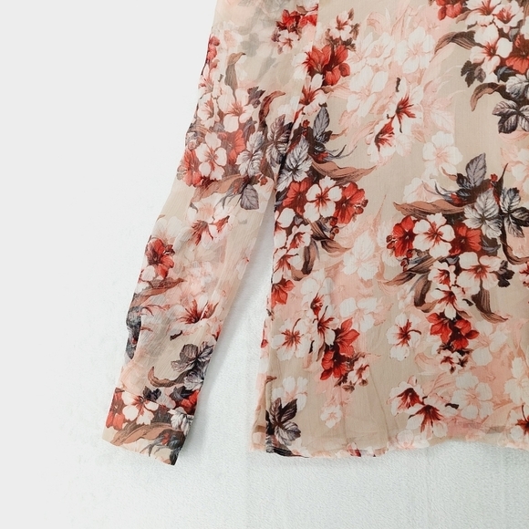 Vince Camuto Cream Sheer Floral Pattern Long Puff Sleeve Eye Button Blouse P2957 - Picture 3 of 7